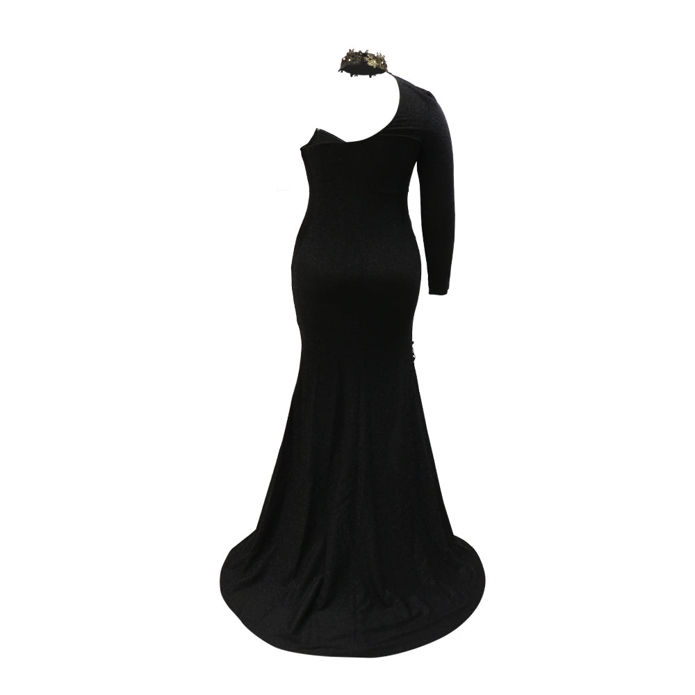 Plus Size One Shoulder Sequin Side High Split Joint Trailing Maxi Dress