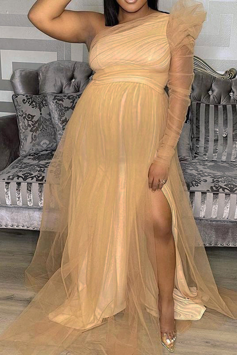 [Pre-Sale] Plus Size Single Sleeve Wedding Guests Bridesmaid Side Split Maternity Tulle Maxi Dress - Fashionaviv-Maxi Dresses-[product_label]