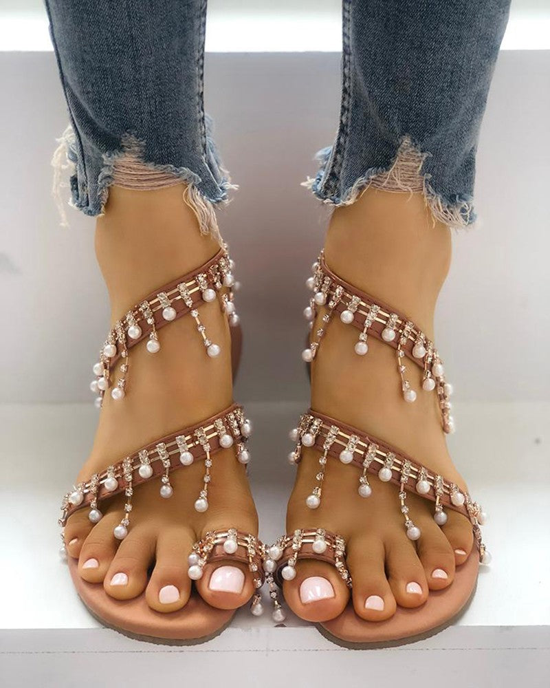 Shiny Embellished Toe Post Flat Sandals