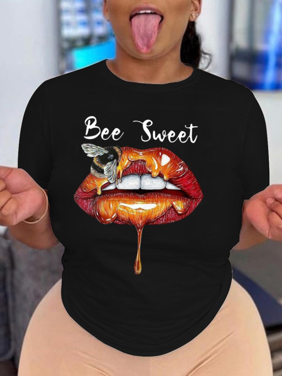 Plus Size Casual Bee Letter Print O Neck T-shirts