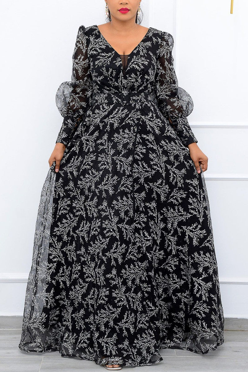 Plus Size V-neck Tulle Puff Long Sleeves Printed A-line Maxi Dress (Without Belt) - Fashionaviv