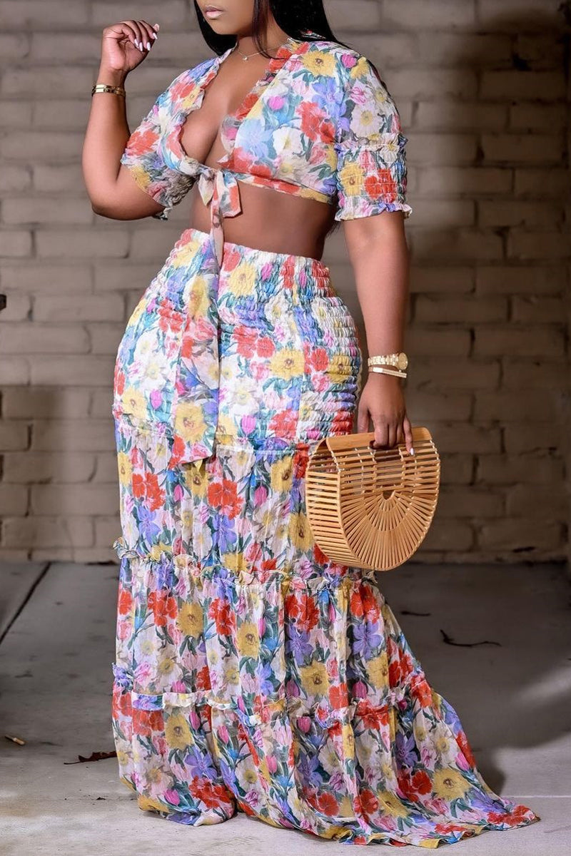 [Pre-Sale] Plus Size Casual All Over Print Crop Top Ruffle Skirt Two Piece Set