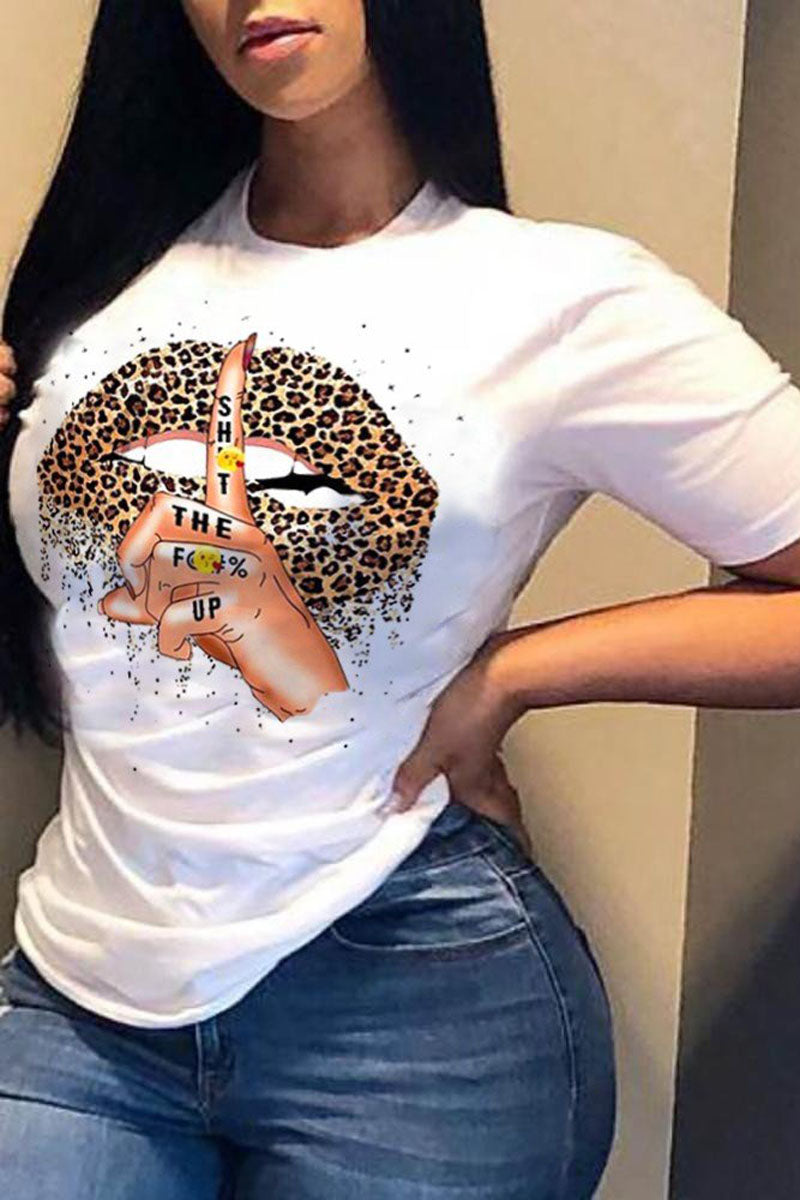 Plus Size Lip Leopard Print Round Neck Short Sleeve T Shirt - Fashionaviv-T-shirts-[product_label]