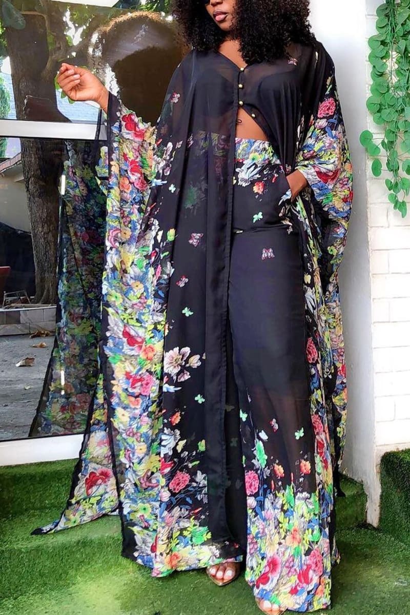 Plus Size Casual Chiffon Long Sleeve Wide-leg Pants Floral All Over Print Kimono Cardigan Two Pieces Set
