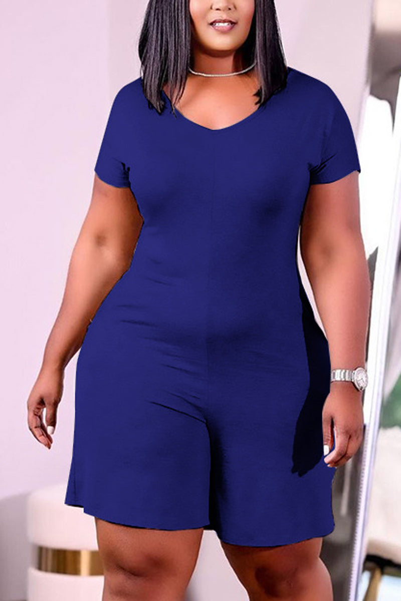 Plus Size Casual Solid V Neck Short Sleeve Rompers - Fashionaviv-Jumpsuits + Rompers-[product_label]