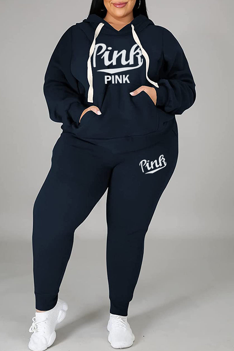 Plus Size Casual Letter Print Basic Hooded Collar Tracksuits - Fashionaviv