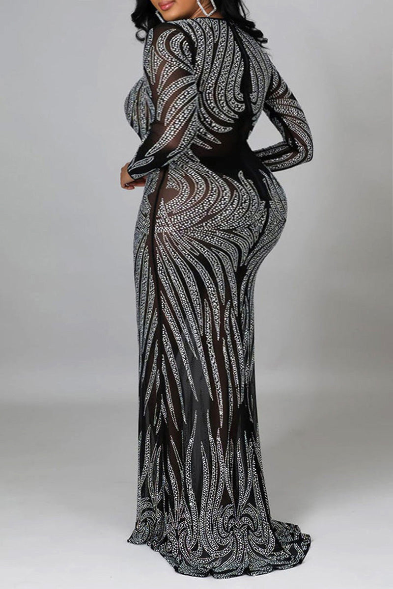 Plus Size Round Neck Long Sleeve Hot Drilling See-through Maxi Dress