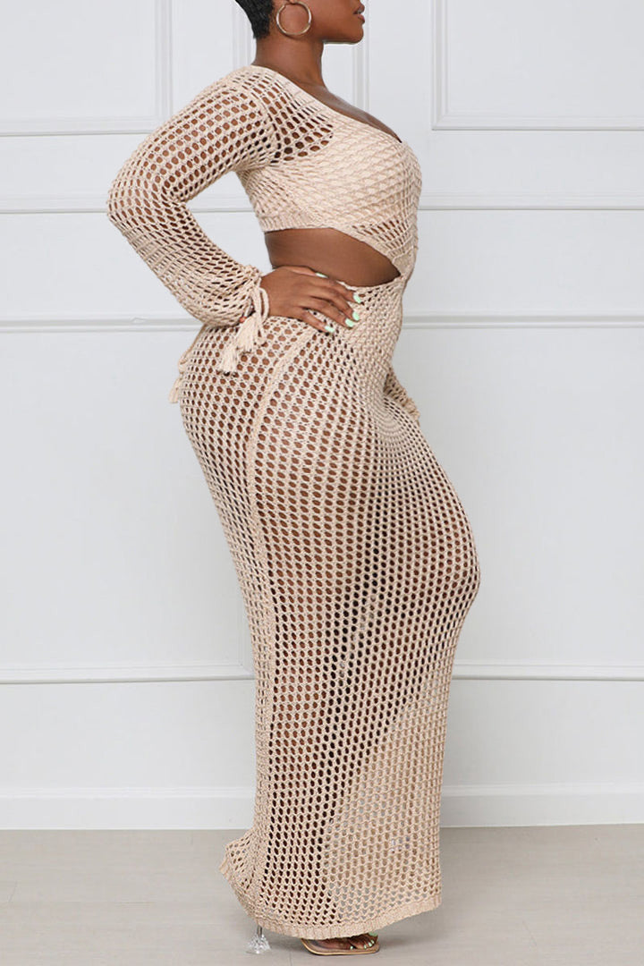 [Pre-Sale] Plus Size Solid Crochet Cut Out Long Sleeve Cover Up Maxi Dresses (No Underwear)