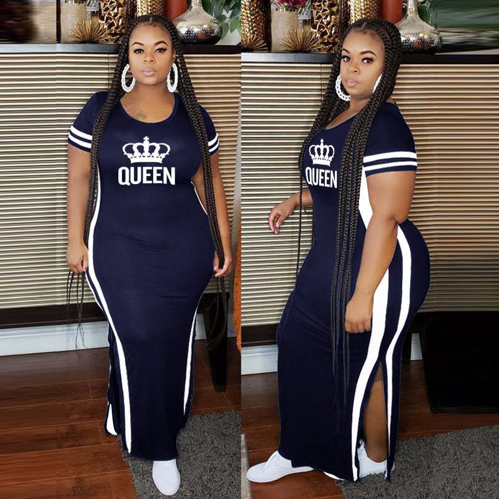 Plus Size Casual Queen Print Split Round Neck Short Sleeve Maxi Dresses