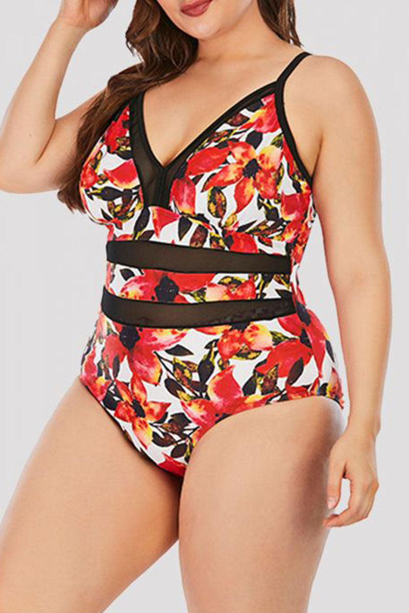 Plus Size All Over Print Cami Mesh Stitching Back Cross One Piece Swimsuit