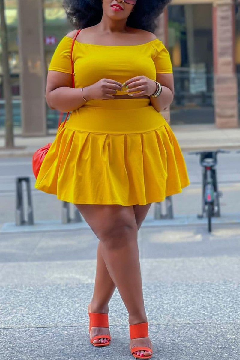 Plus Size Solid Casual Skirt Two Pieces Set