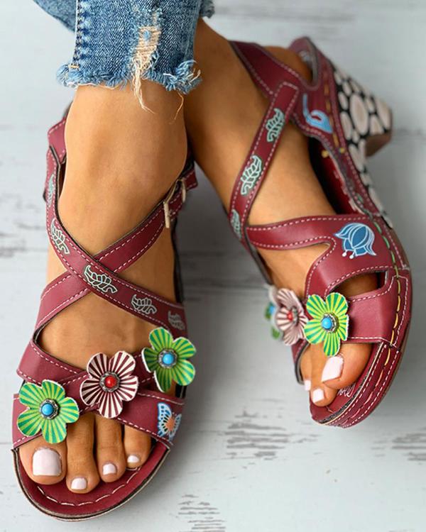 Floral Pattern Bandage Cutout Chunky Heels