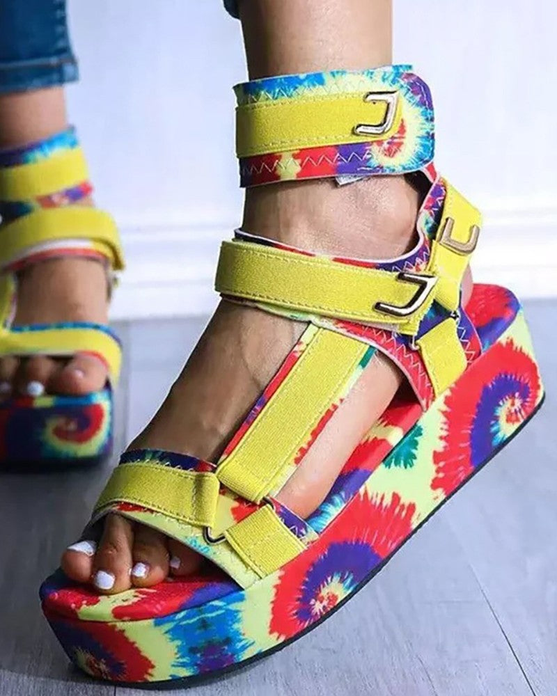 Tie Dye Print Velcro Peep Toe Platform Sandals
