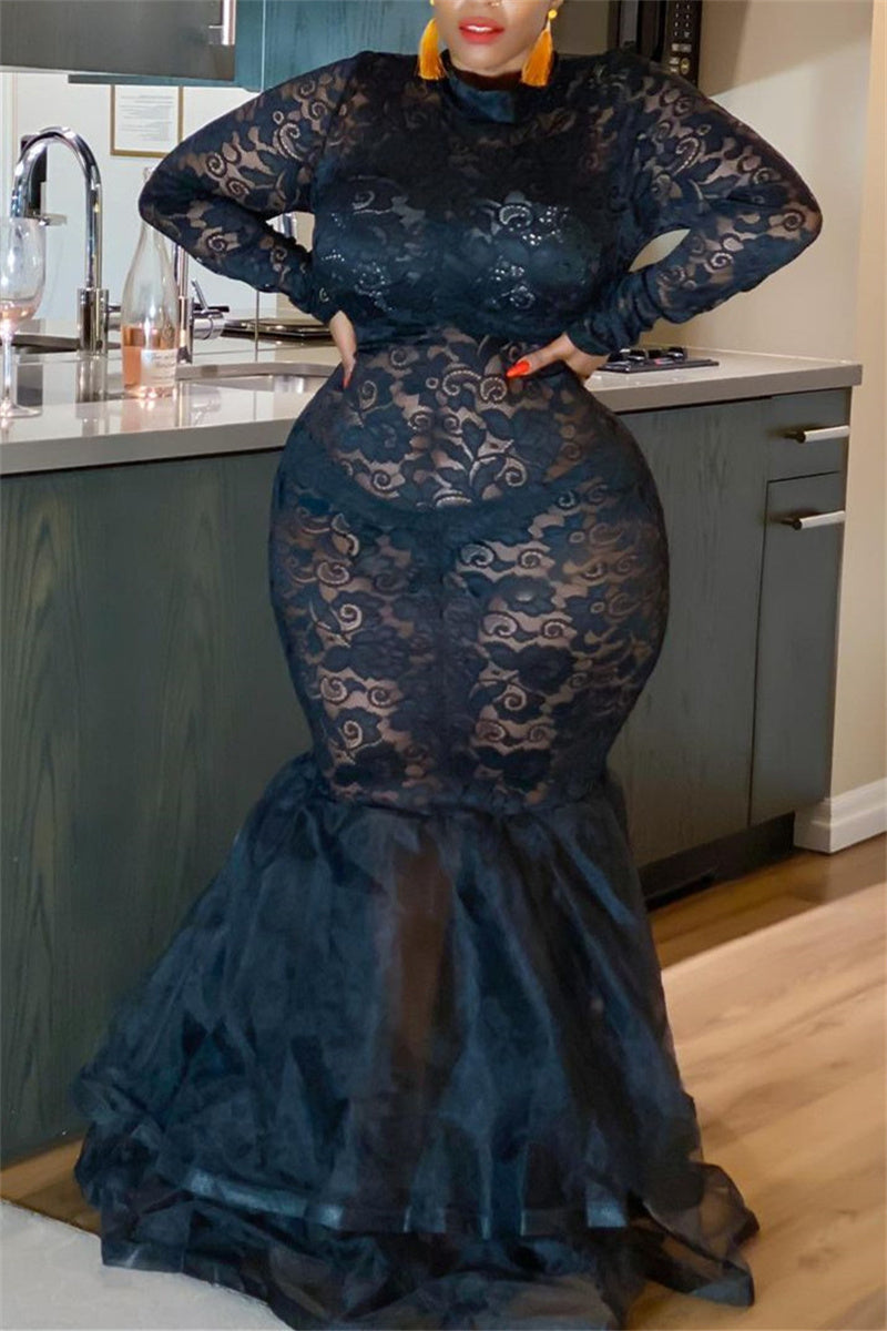 Plus Size Little Black Long Sleeve See-through Hollow out Dress