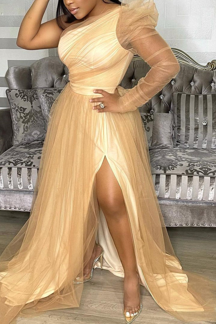 Plus Size Single Sleeve Elegant Party Wedding Guests Bridesmaid Tulle Maxi Dress