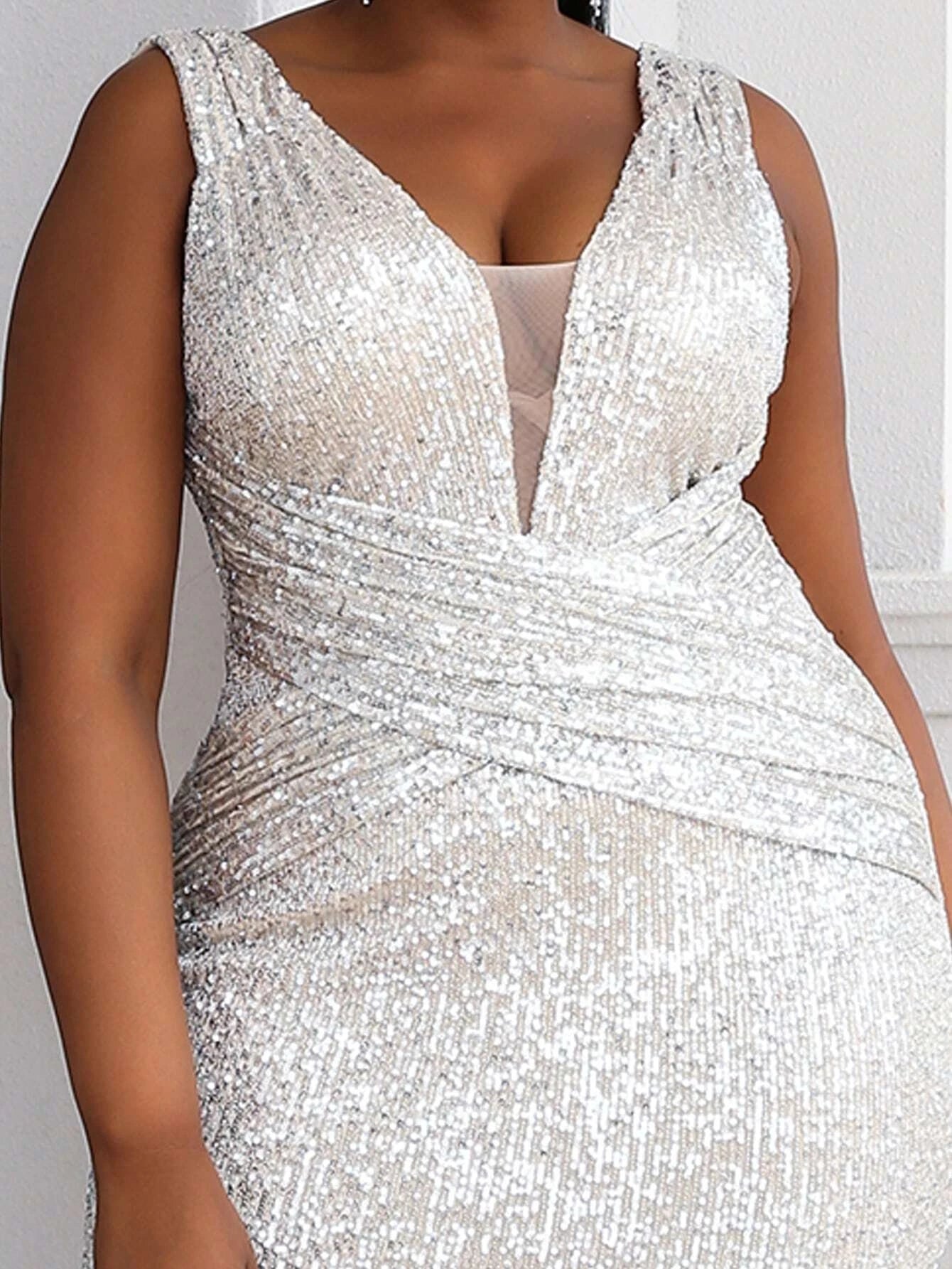 Curvy Plus Mesh Insert Wrap Cross Sequin Prom Dress P0118
