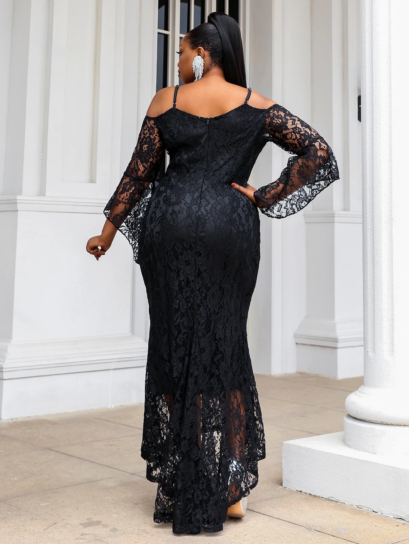 Curvy Plus Cold Shoulder Bell Sleeve Lace Overlay Dress P0097