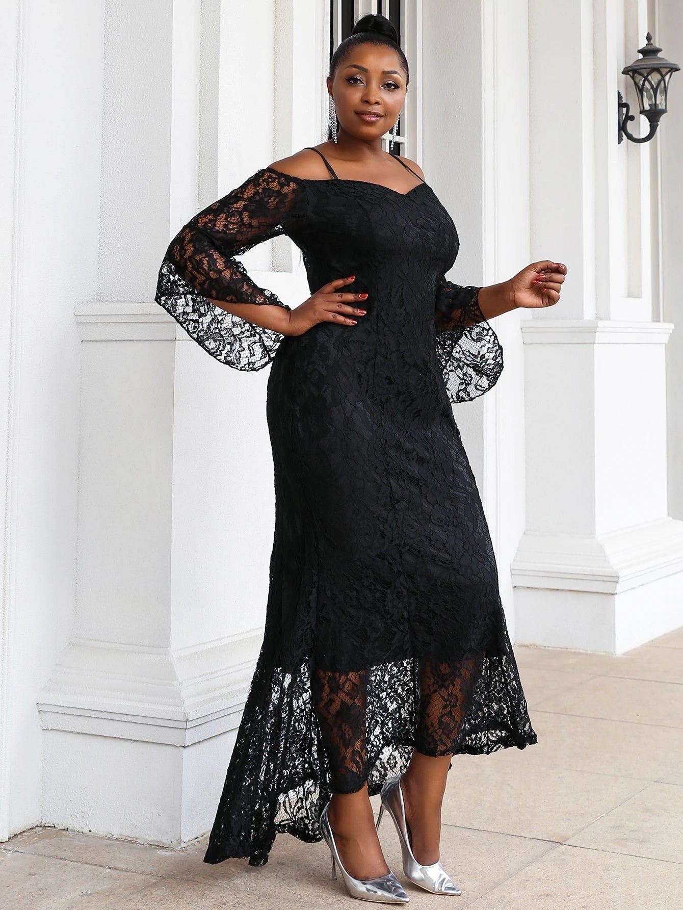 Curvy Plus Cold Shoulder Bell Sleeve Lace Overlay Dress P0097