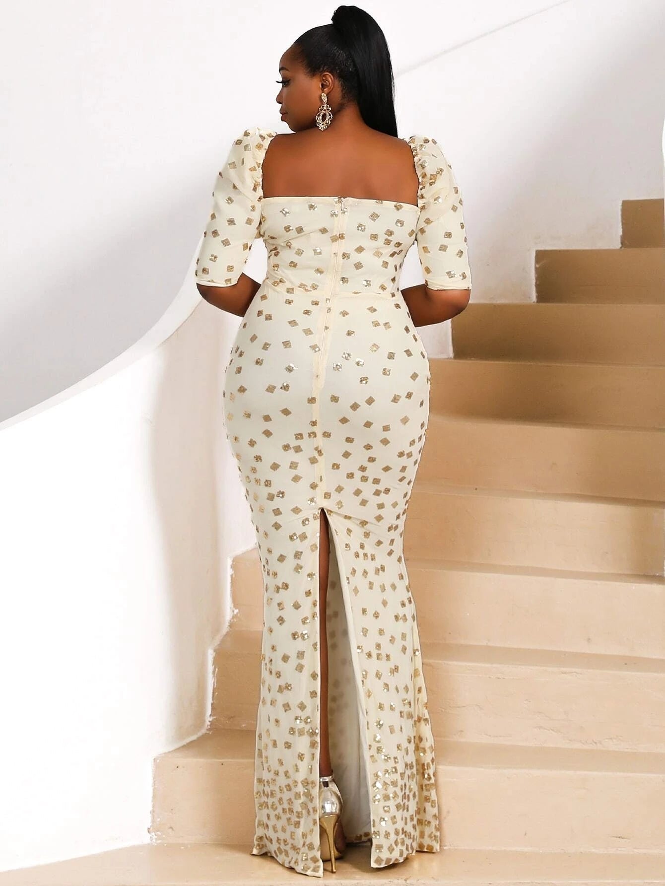 Curvy Plus Sequin Decor Sweetheart Slit Hem Maxi Dress P0160