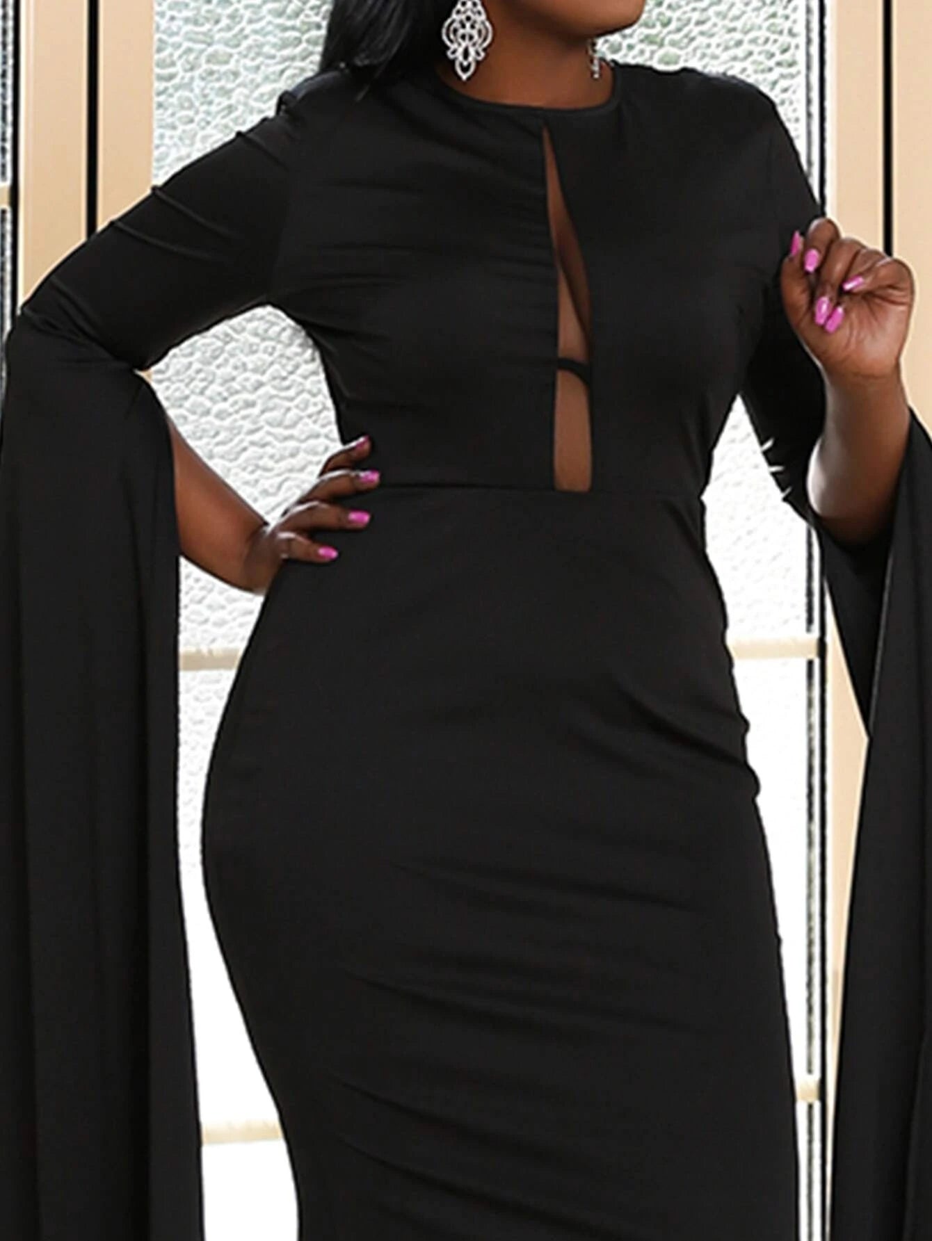 Plus Super Long Slip Sleeve Maxi Satin Black Prom Dress P0013