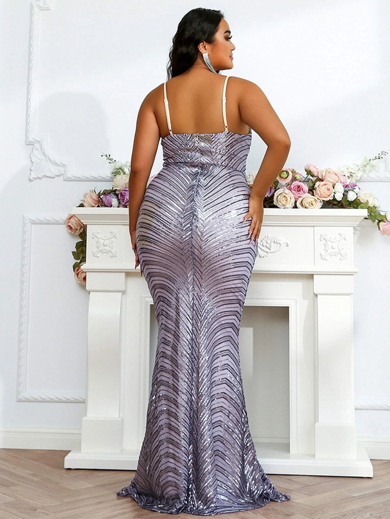 Curvy Plus Mermaid Hem Sequin Floor Length Prom Dress P0215