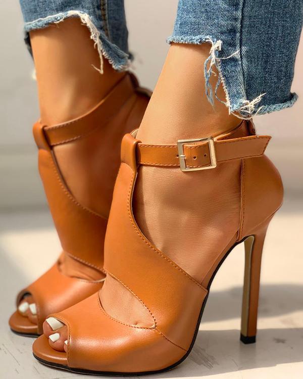 Solid Peep Toe Ankle-buckled PU Thin Heeled Sandals