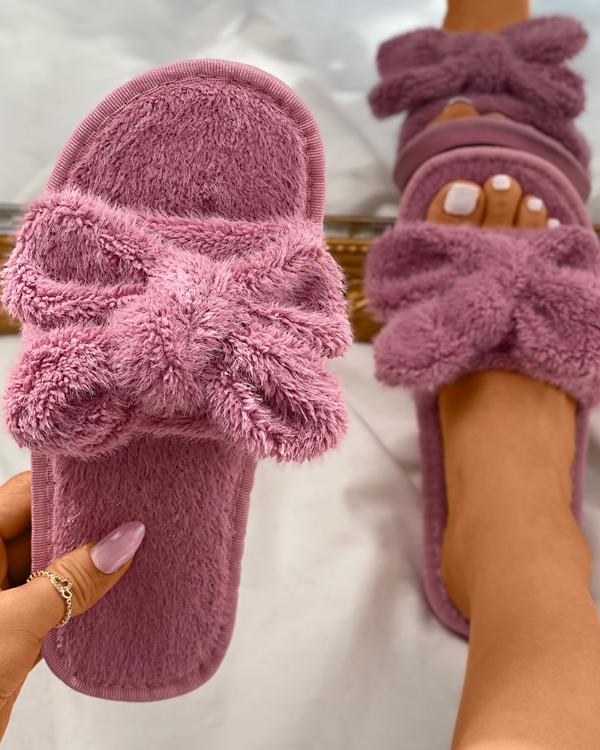 Open Toe Bowknot Design Fluffy Slippers