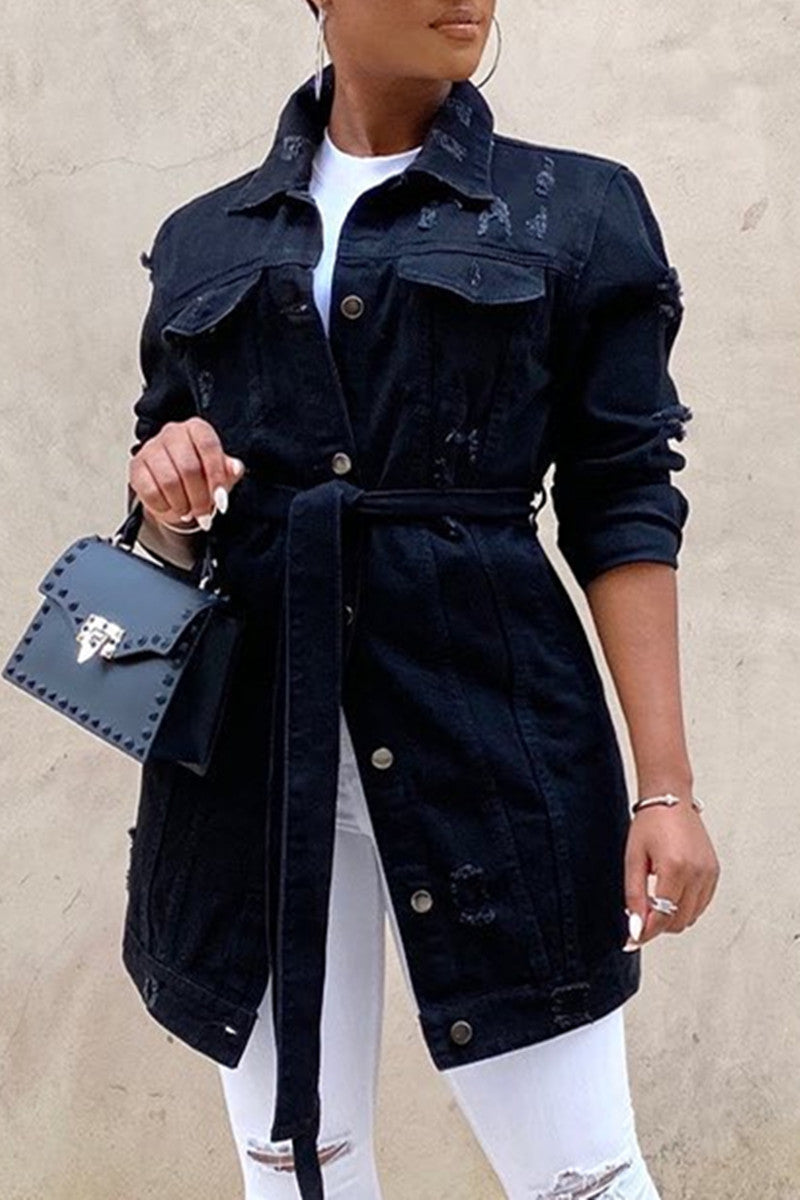 Plus Size Casual Turndown Collar Solid Letter Print Denim Jacket Coats with Belt