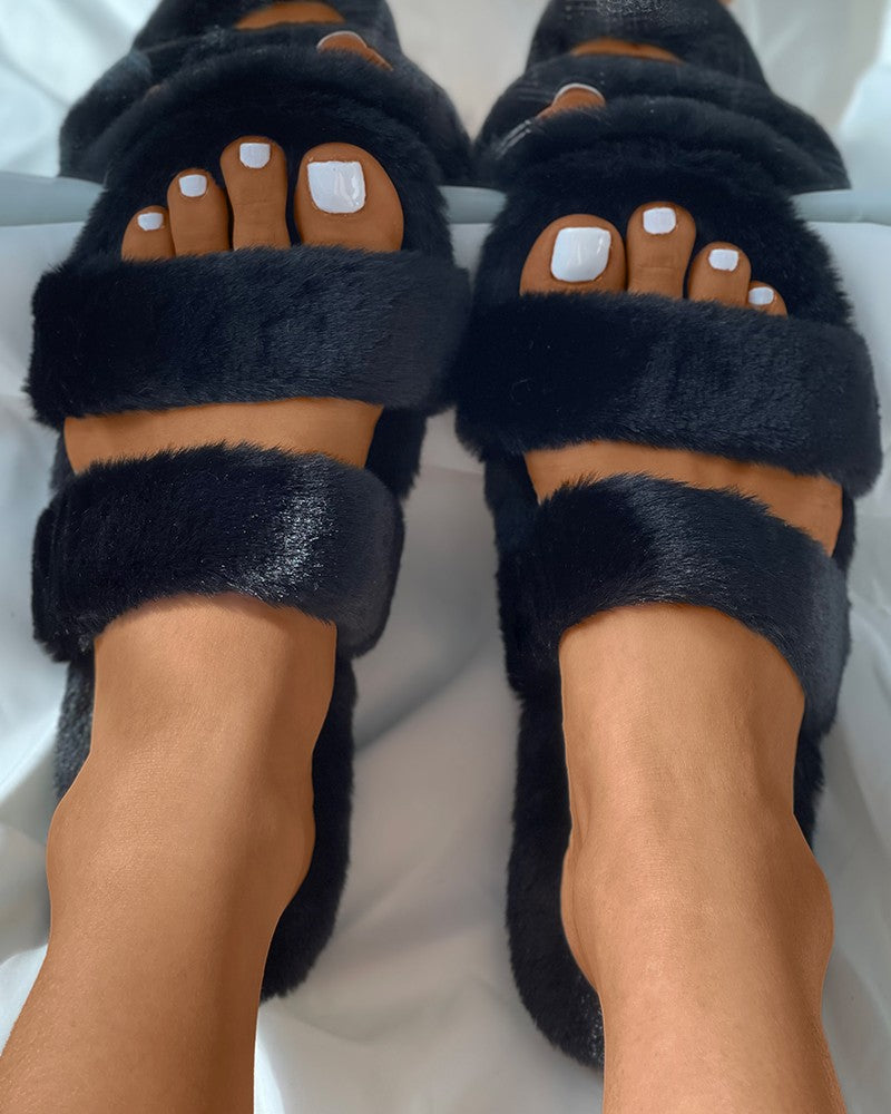 Double Band Fluffy Round Toe Slippers