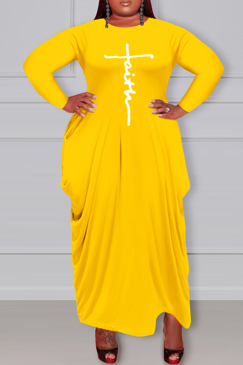 Plus Size Graphic Maxi Dresses Print Asymmetrical O Neck Long Sleeve - Fashionaviv