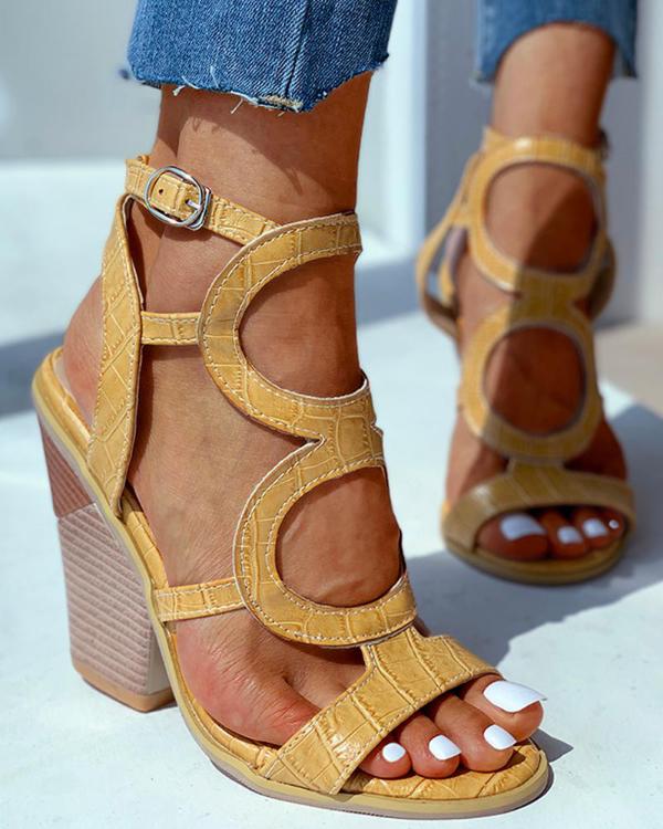 Snakeskin Ankle Buckled Cut Out Chunky Heeled Sandals