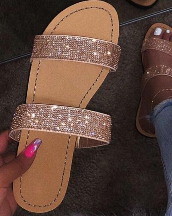 Crystal Glitter Shinny Double Bandages Flat Sandals