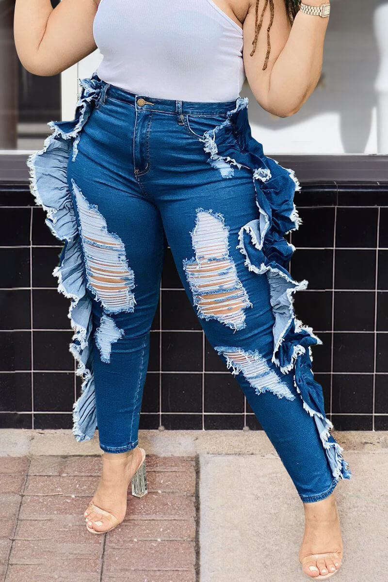 Plus Size Denim Plain Ruffled Jeans - Fashionaviv