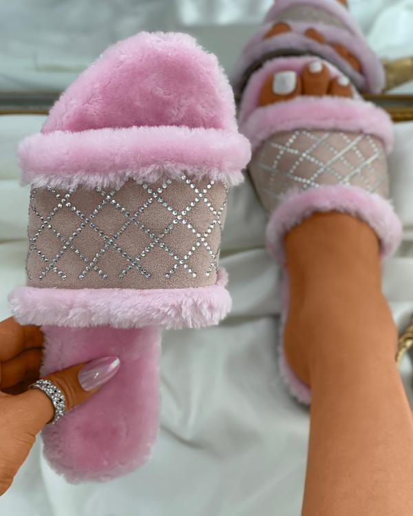 Fluffy Quilted Rhinestone Decor Square Toe Slippers