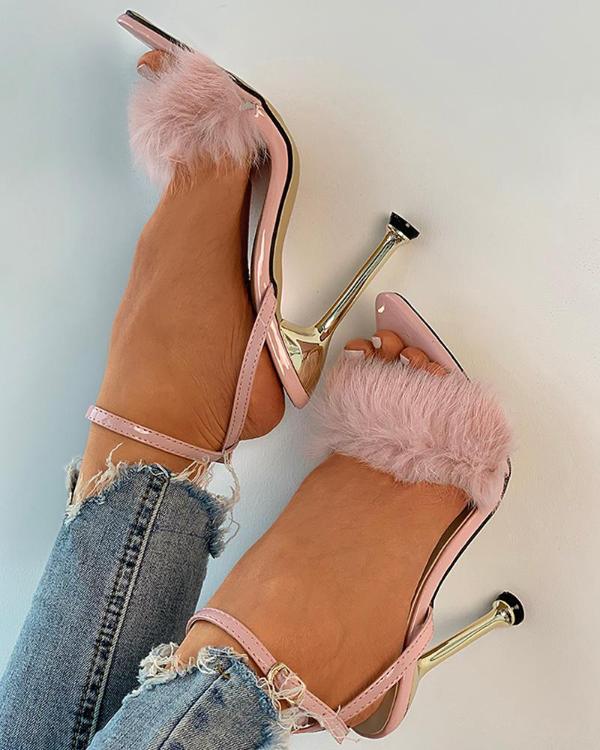 Fluffy Pointed Toe Heeled Sandals