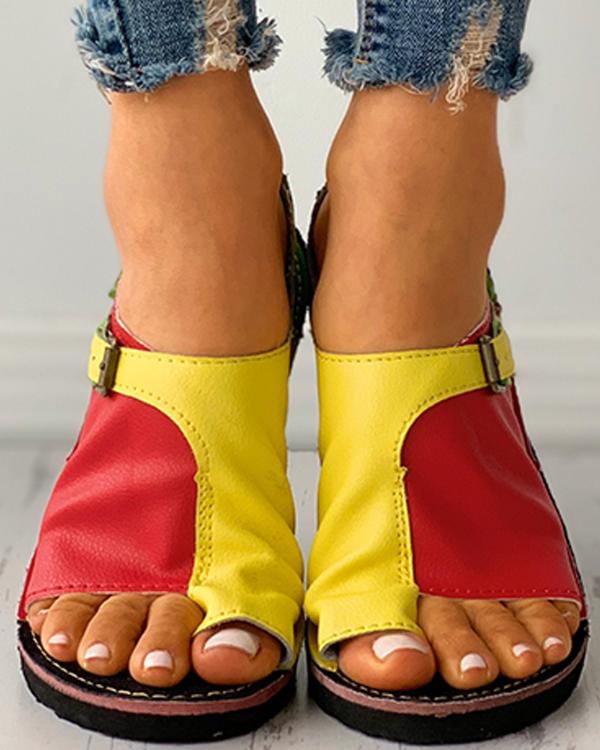 Colorblock Buckled Toe Ring Flat Sandals