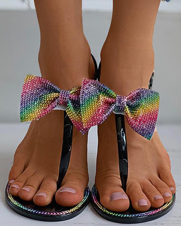 Bowknot Colorblock Studded Flat Sandals