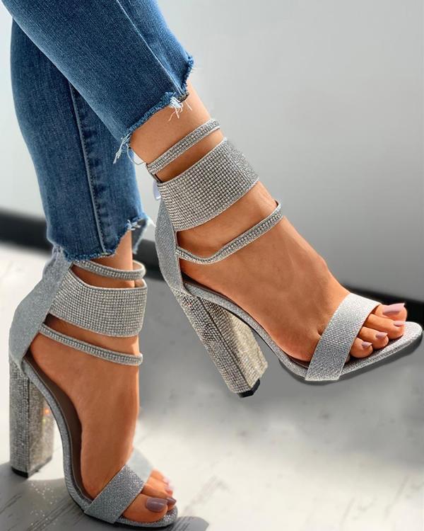 Studded Open Toe Ankle Strap Chunky Heels
