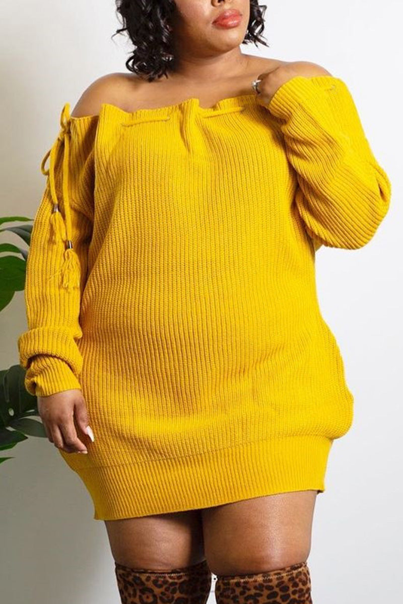 [Pre-Sale] Plus Size Off Shoulder Solid Sweater Mini Dress - Fashionaviv