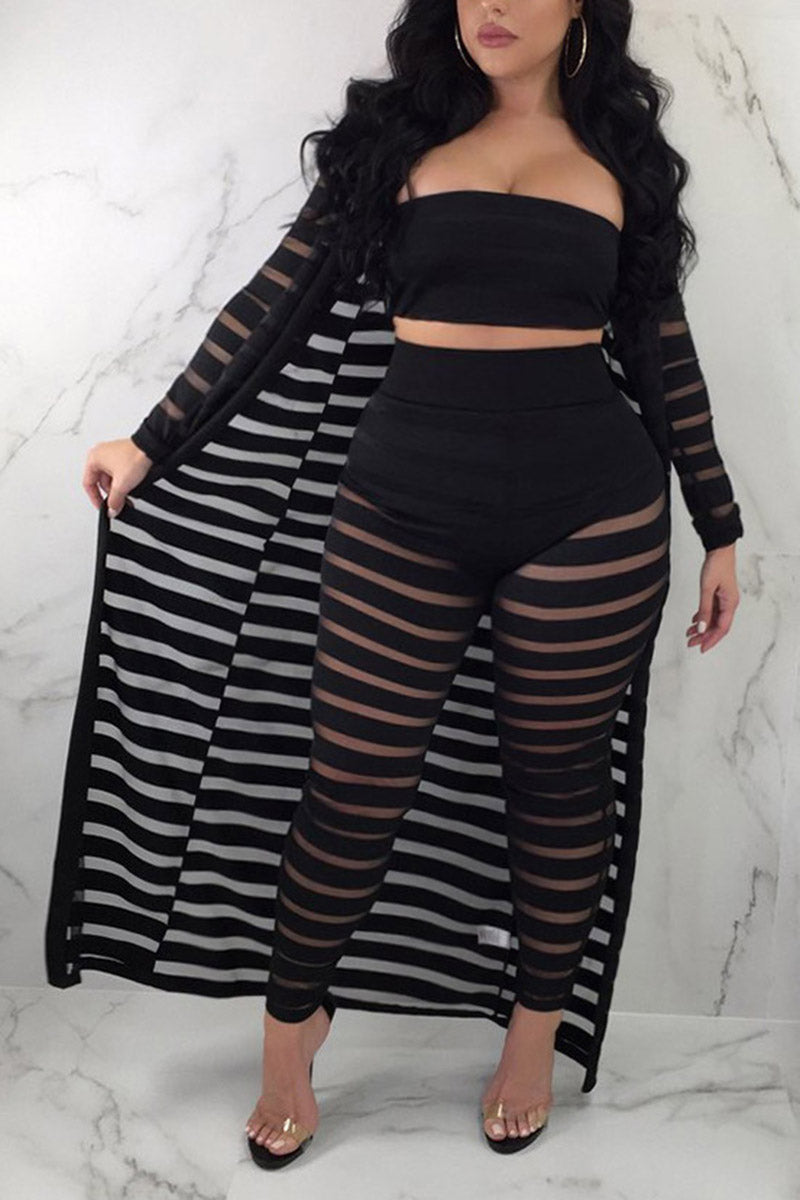 Plus Size Sexy Solid See Through Long Cardigan Pencil Pants Three Pieces