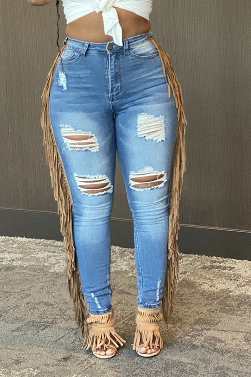 Plus Size Plain Jeans Ripped Skinny Fringed - Fashionaviv
