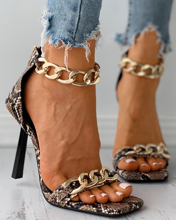 Plain / Snakeskin Print Chain Decor Stiletto Heels