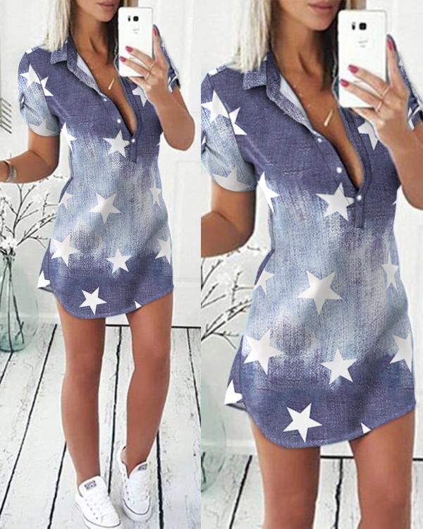 Denim Star Print Button Front Slim Shirt Dress