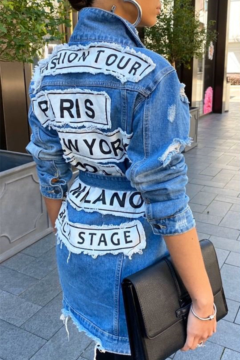 Plus Size Casual Turndown Collar Solid Letter Print Denim Jacket Coats with Belt