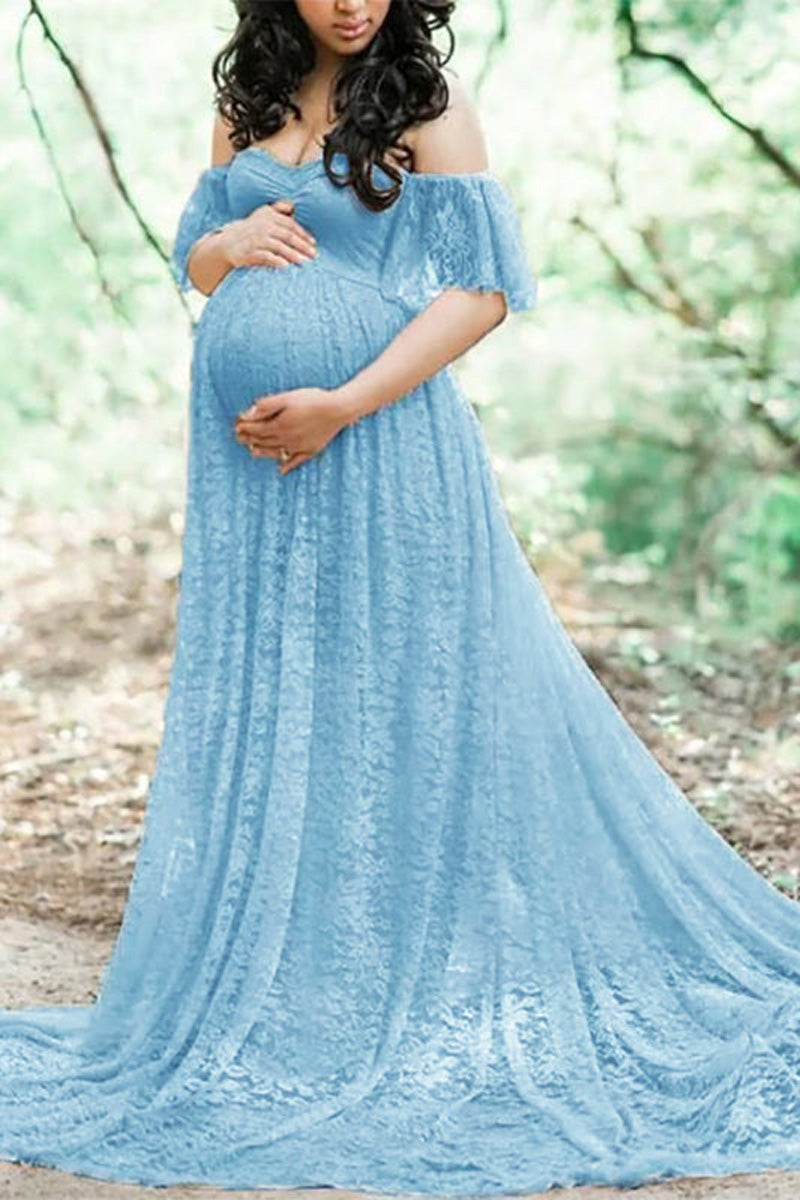 [Pre-Sale] Plus Size Solid Off The Shoulder Lace Stitching Maternity Maxi Dress - Fashionaviv-Maxi Dresses-[product_label]