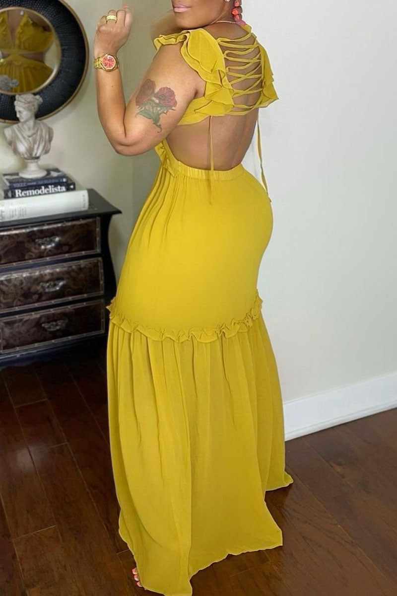 [Pre-Sale] Plus Size Yellow Ruffle Backless Lace Up Maxi Dress