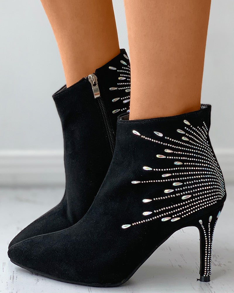 Casual Rhinestone Sequin Stiletto Ankle Boot - Fashionaviv