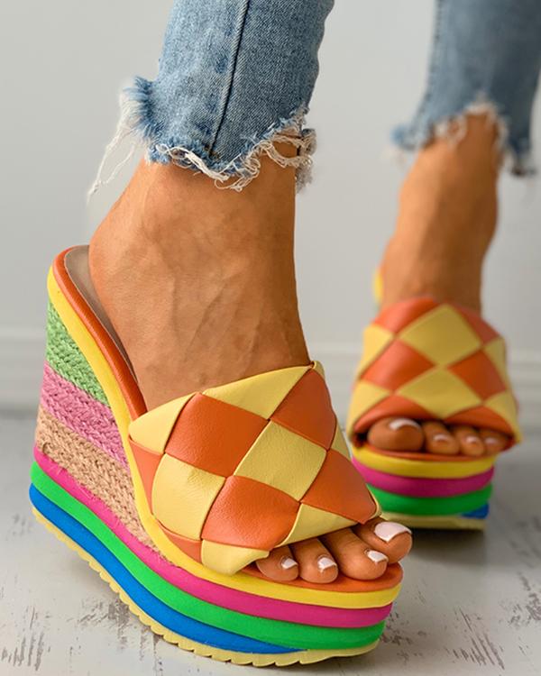Plaid Pattern Colorblock Espadrille Wedge Sandals