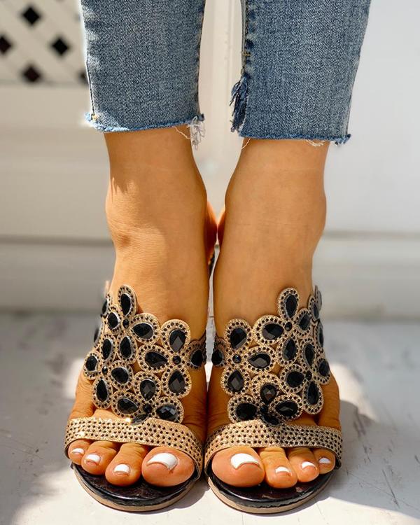 Studded Diamante Trim Chunky Heeled Sandals