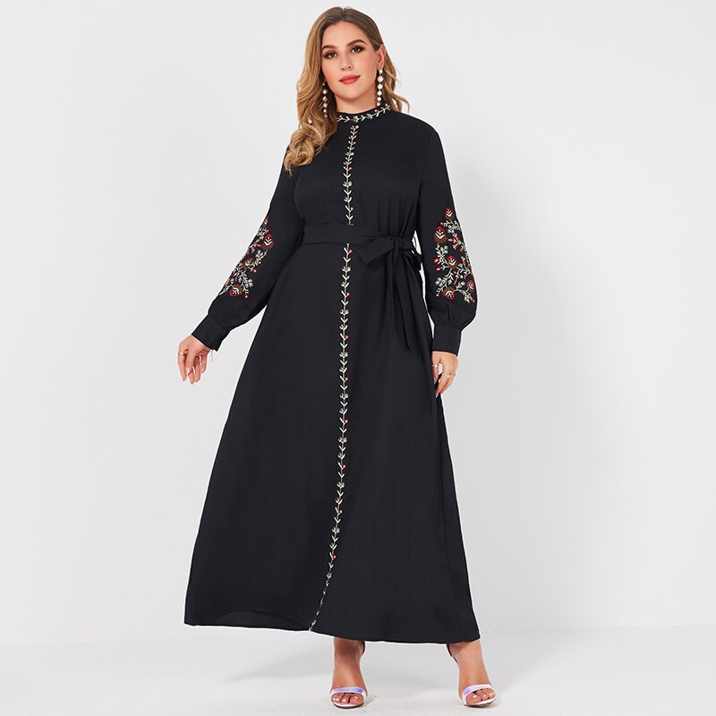 2021 New Summer Dress Woman Plus Size Black Resort Small Stand Collar Floral Embroidery Long Sleeve Loose Sashes Elegant Robes